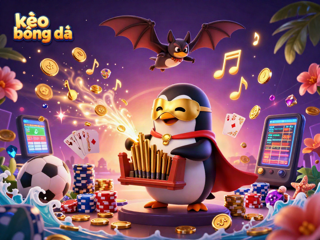Engaging illustration of kèo bóng đá with a penguin playing an organ shooting coins and acrobatic elements