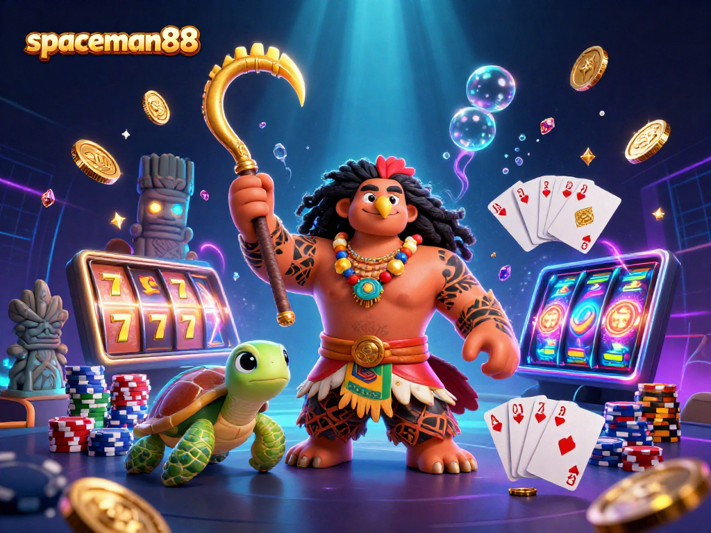 Spin for big wins on spaceman88 in this vibrant 3D casino scene with slot reels.
