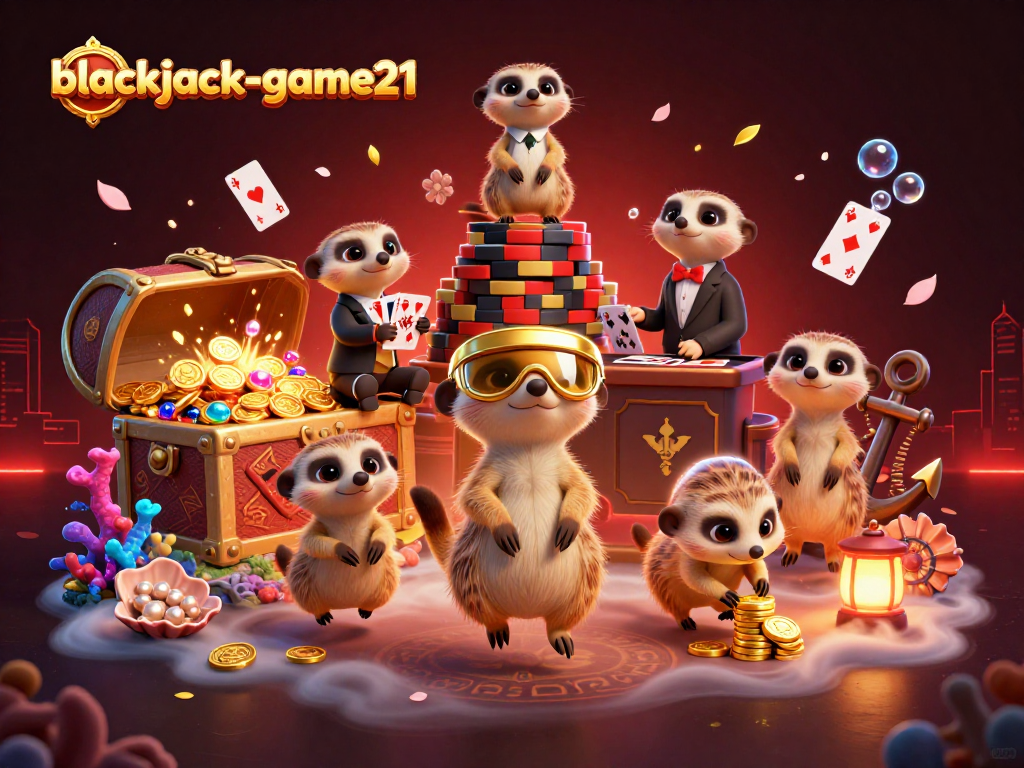 Immerse in blackjack-game21 with lively meerkats orchestrating a vibrant casino scene filled with excitement.