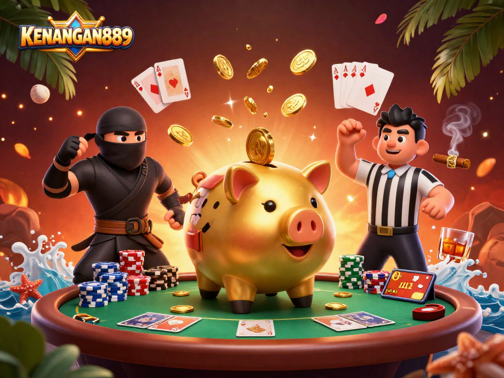 KENANGAN889 showcases an epic poker showdown with a golden sumo wrestler, ninja, and samurai.