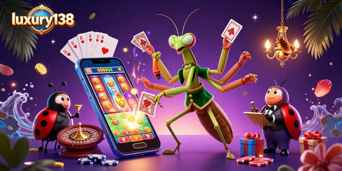 Experience luxury138 with excitement as a mantis card sharp and ladybug pit boss create an electrifying casino atmosphere.