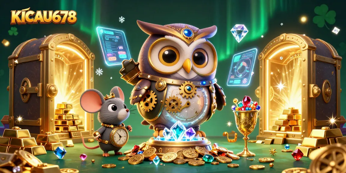KICAU678 captures vibrant casino excitement with a time-traveling owl and treasures flowing.