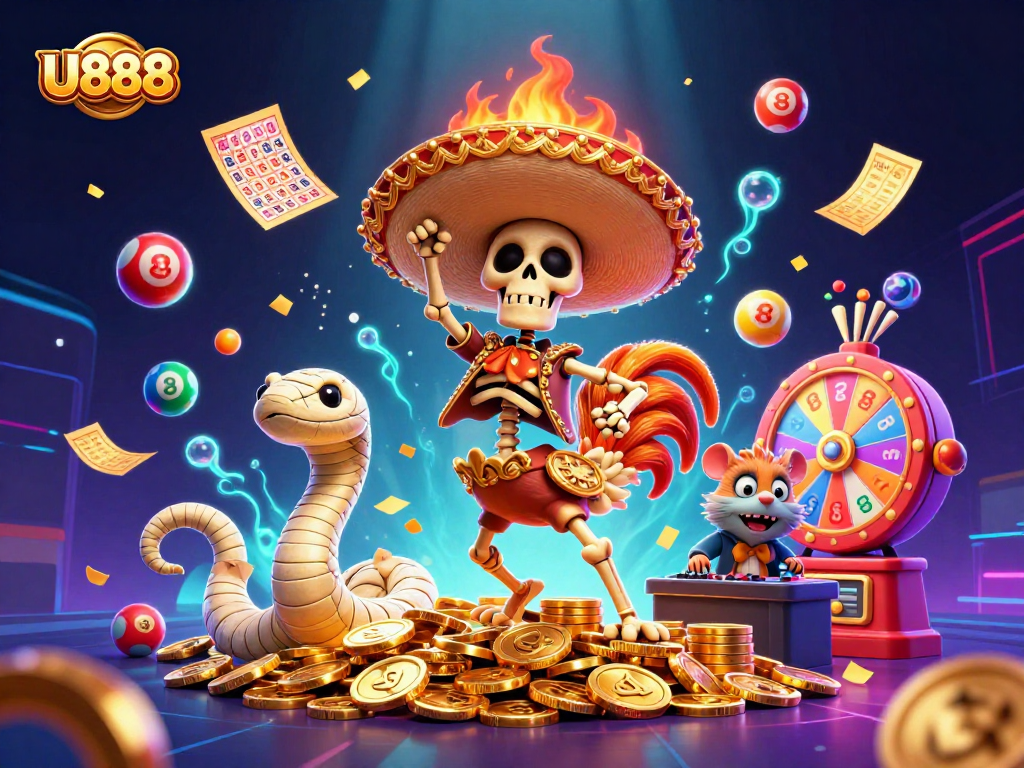 Experience thrilling wins with U888's lively gaming scene, featuring a mariachi rooster amidst swirling lottery balls.