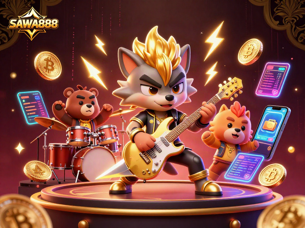 Experience the excitement of SAWA888 with a vibrant 3D casino illustration featuring lively gaming elements