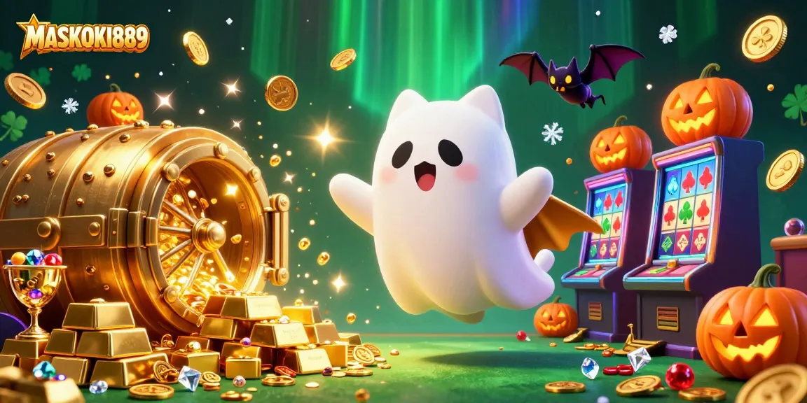 Experience the thrill of MASKOKI889 with a ghost cat in a lively casino, showcasing slot machines and vibrant game elements.