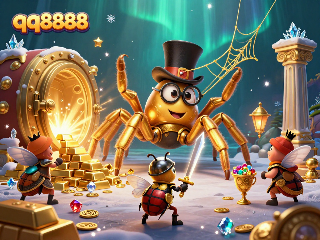 Engage with qq8888 through a vibrant casino adventure featuring a giant golden tarantula and a beetle knight.