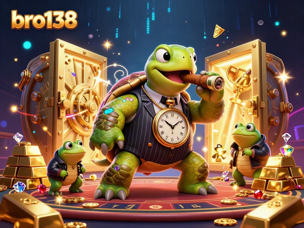 Engage with bro138's vibrant online casino scene, featuring a cartoon turtle mobster and enforcers amid treasure and casino lights.