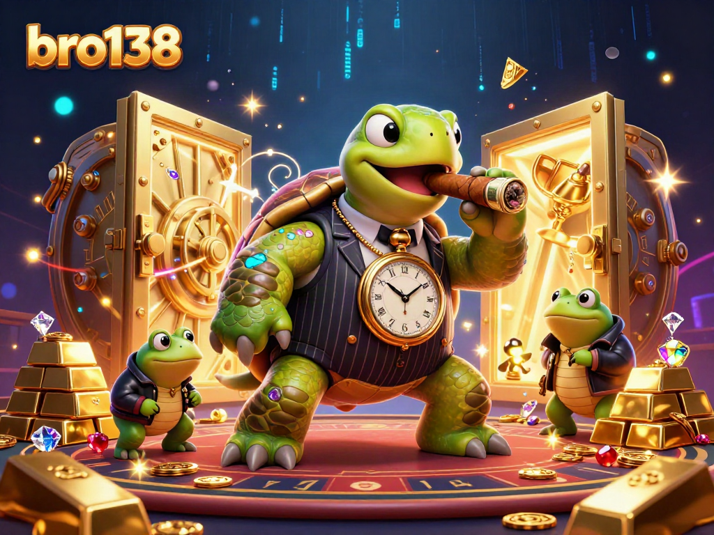 Engage with bro138's vibrant online casino scene, featuring a cartoon turtle mobster and enforcers amid treasure and casino lights.