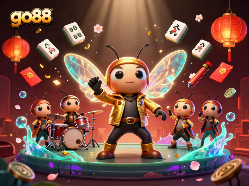 Win big with go88 in this vibrant 3D casino illustration featuring rocking characters and dynamic gambling elements.