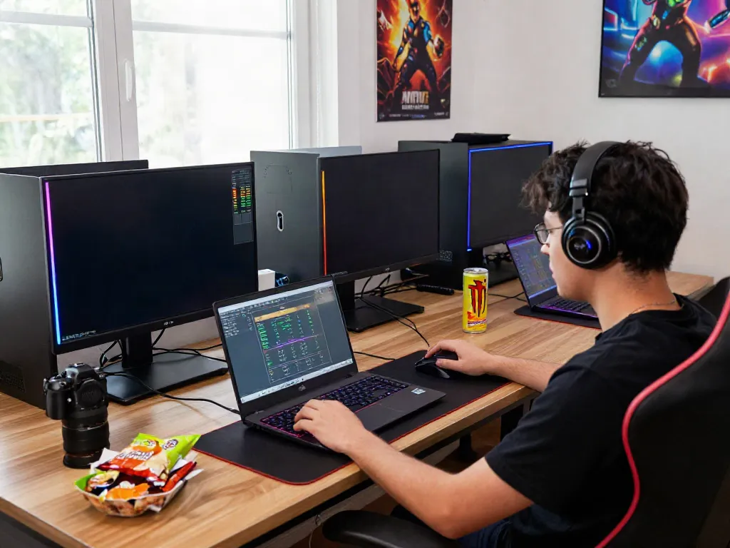 Experience fast-paced gaming on QQMacan with a player enjoying slot games in a vibrant home setting.