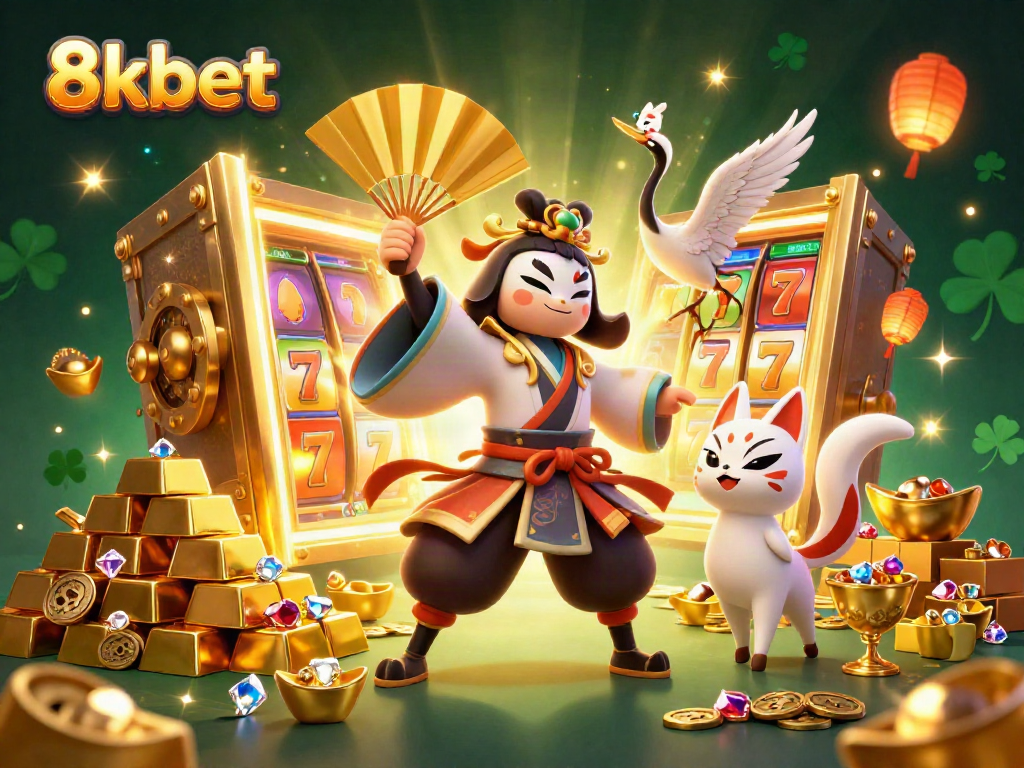 Engage in thrilling gaming at 8xbet with a vibrant casino scene featuring kabuki characters and dazzling treasures.