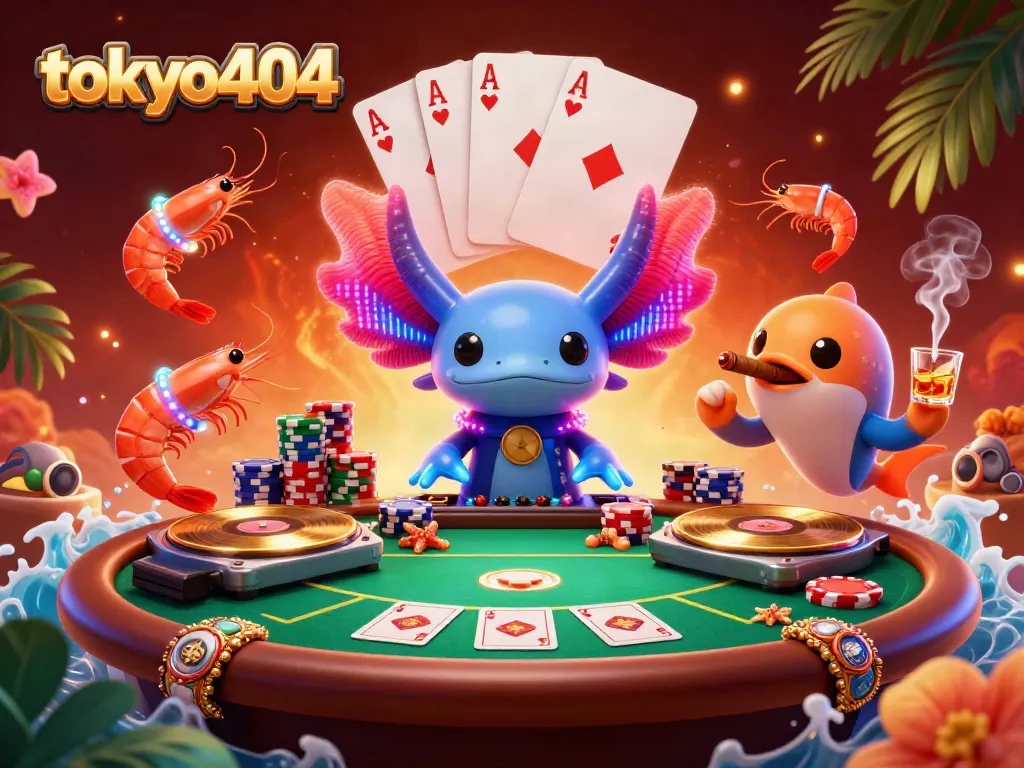 Engage with tokyo404 in a vibrant 3D casino scene featuring a DJ axolotl and poker elements.