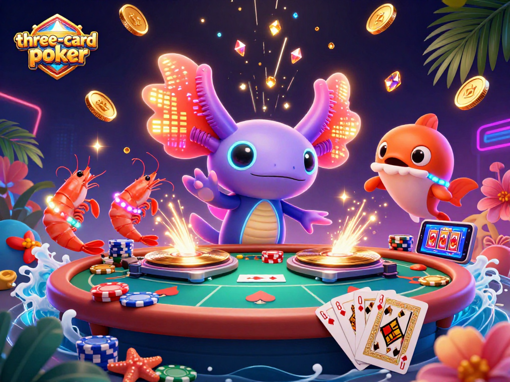 Experience the excitement of three-card-poker with a vibrant underwater casino scene filled with action.