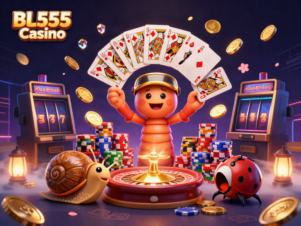 Engaging scene at BL555 Casino with vibrant characters and sparkling game elements.