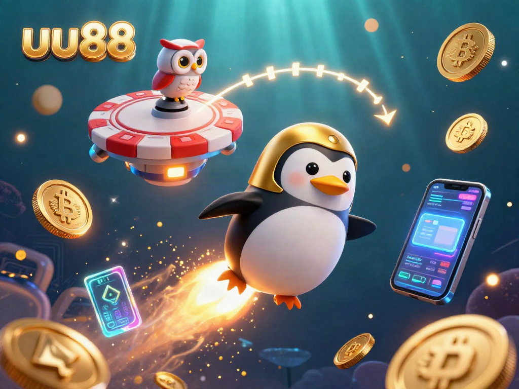 Experience the excitement of uu88 casino adventures with a vibrant illustration of a rocket-powered penguin.