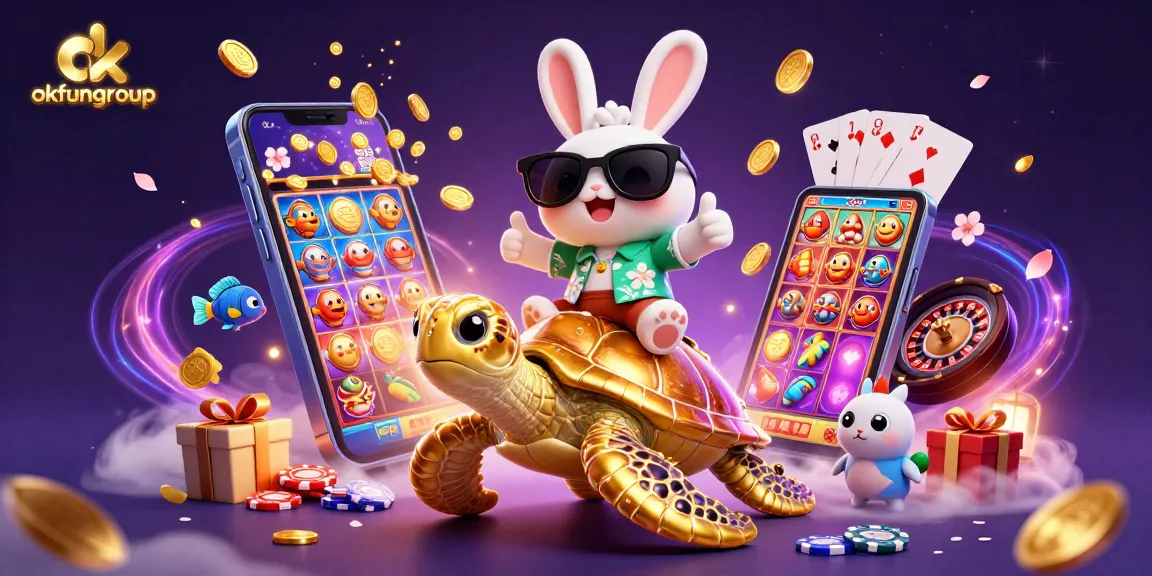 Spin the reels with okfungroup's lucky rabbit and golden turtle in an animated casino scene.