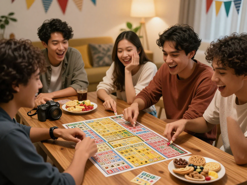 Permainan toto 4d yang penuh semangat di ruang tamu dengan teman-teman, tiket warna-warni di atas meja.