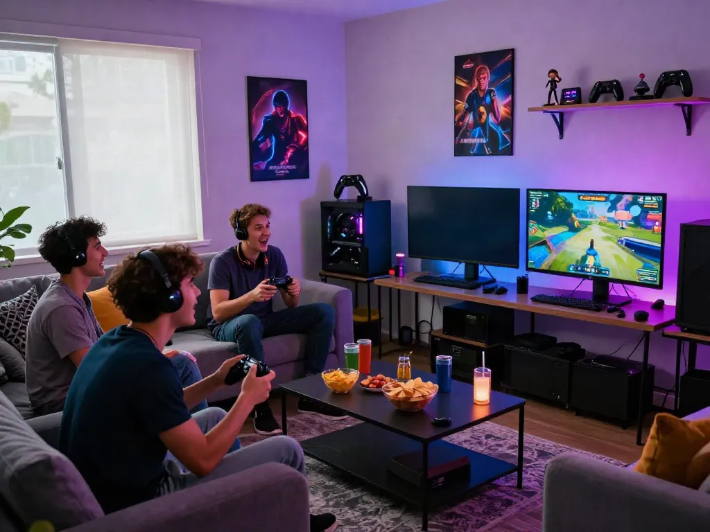 A lively gaming night with friends playing akunjp, showcasing excitement in a modern living room.