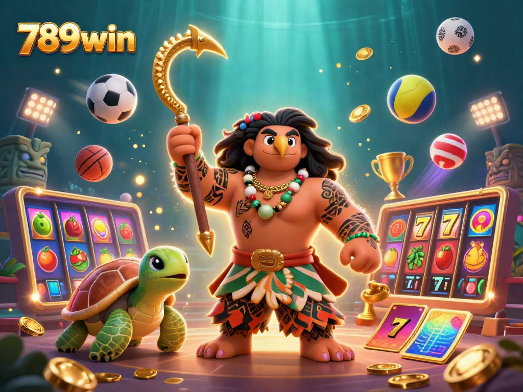 Engage with the immersive world of 789win, featuring vibrant casino elements and characters.