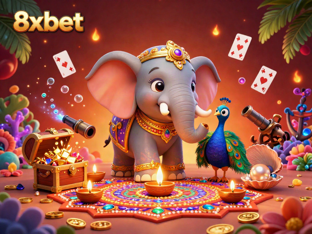 Experience thrilling gameplay with 8xbet in a vibrant 3D casino scene, featuring a fortune-themed elephant and rich elements.