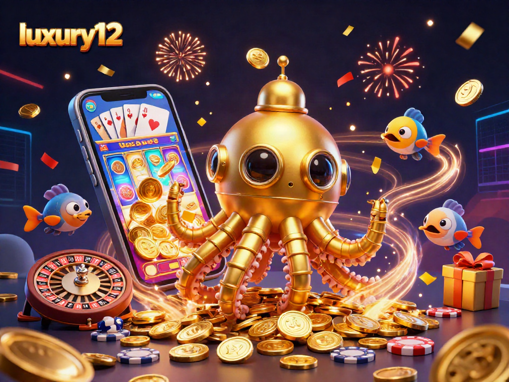 Experience luxurious gaming excitement with luxury12 showcasing a kraken submarine amidst dynamic casino elements.