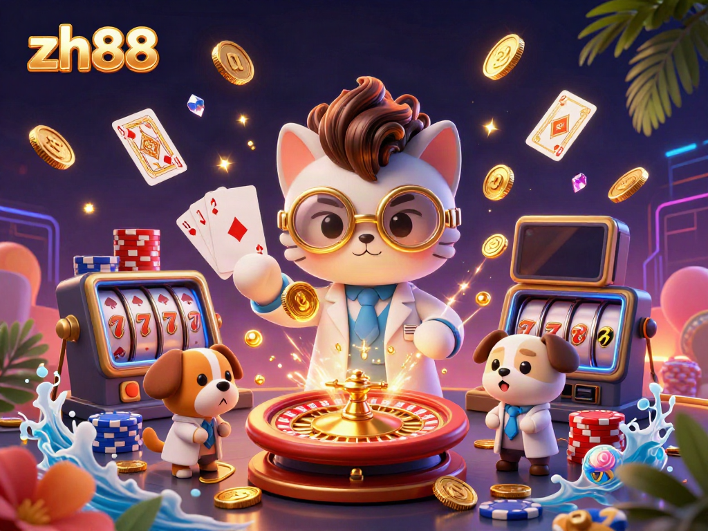 Experience the excitement of zh88 with a 3D illustration of a mad scientist cat and dog amidst golden coins and casino elements.