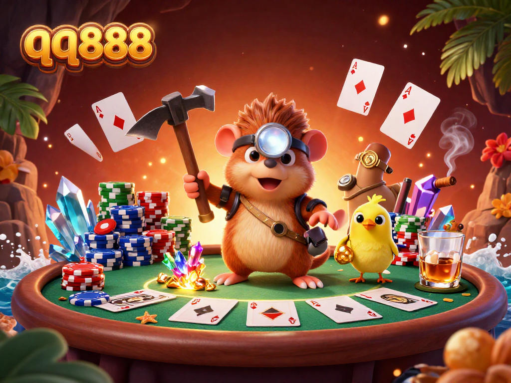 The treasure hunter mole mines gems while playing cards at qq888 casino, creating excitement.