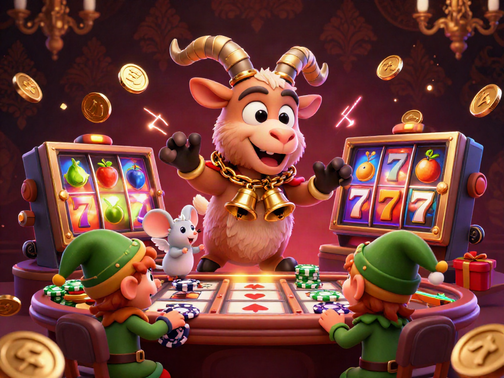 Spin the slots with excitement in this whimsical casino scene featuring a playful Krampus goat managing the fun.