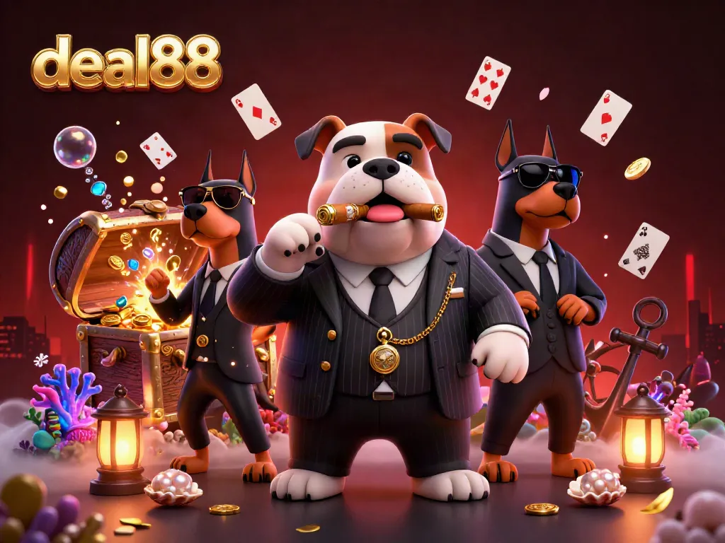 Experience thrilling wins at deal88 with vibrant casino-themed digital art featuring dynamic characters and rich treasures.