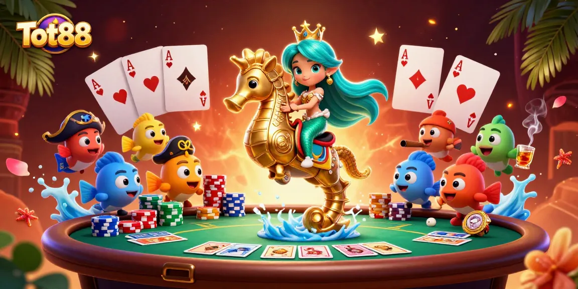 Play exciting Tot88 poker with a mermaid princess and vibrant casino elements.