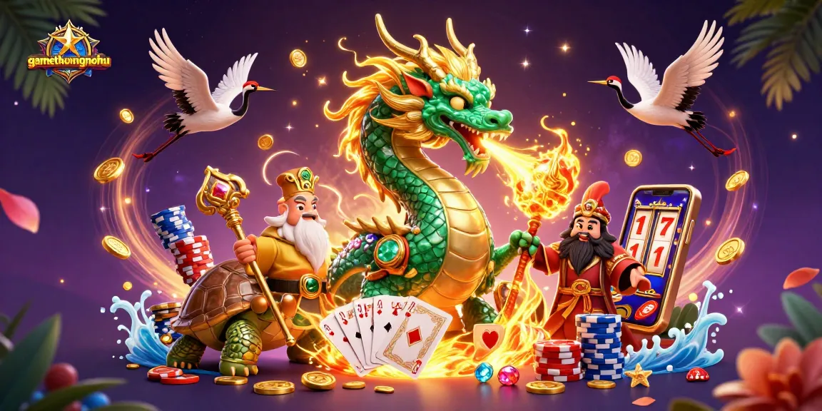 gamethuongnohu unleashes excitement with a jade dragon and lucky cranes amid colorful casino elements.