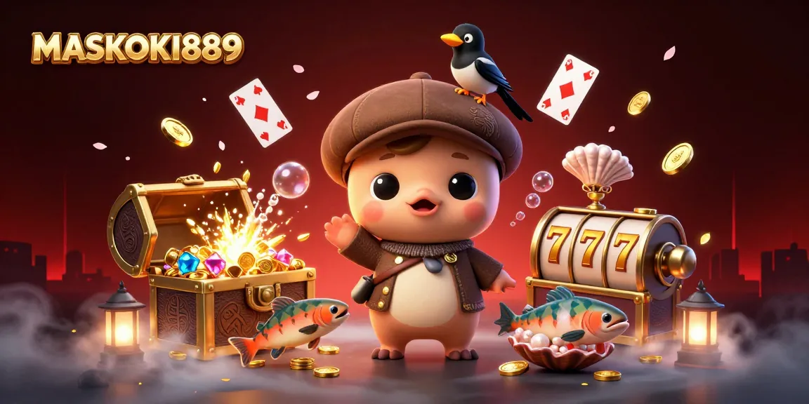 Experience the thrill of MASKOKI889 with playful characters surrounded by slot reels and treasure in a vibrant scene.