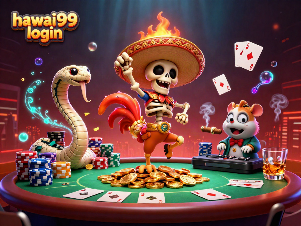 Engage with hawai99 login in a vibrant 3D casino scene featuring lively characters and poker elements.
