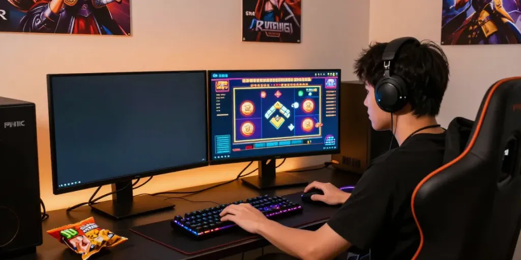 Gamer fokus di mahjong118 dengan permainan slot modern dan aksesori gaming.