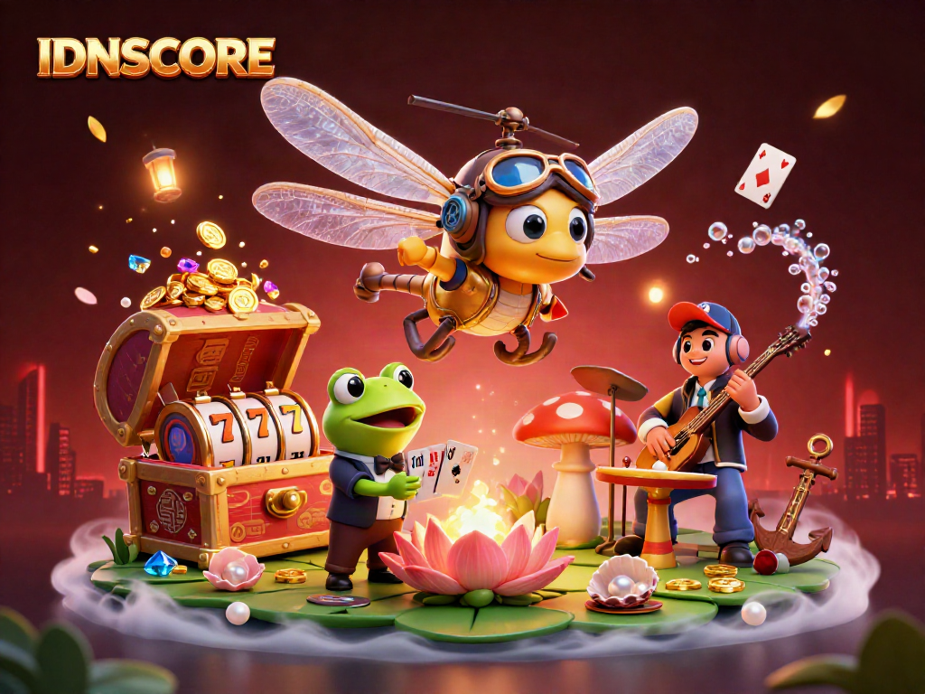 IDNSCORE showcases thrilling online gaming with a vivid casino illustration featuring a dragonfly pilot and a frog dealer.