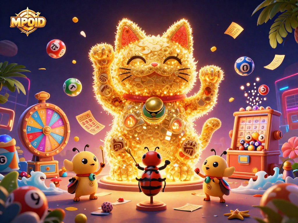 Experience the excitement of MPOID with a vibrant casino scene featuring a lucky cat and dynamic game elements!