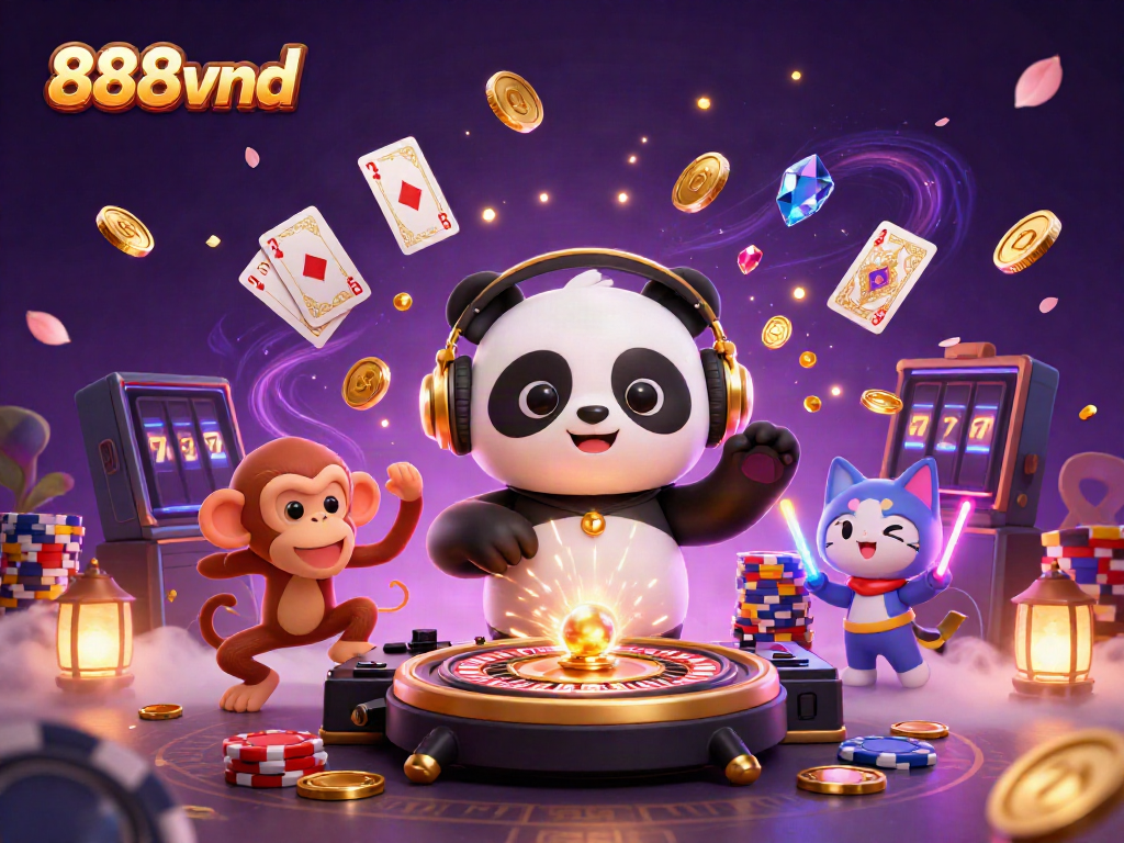 Experience the excitement at 888vnd with vibrant illustration of a DJ panda, monkey, and kitten celebrating together.
