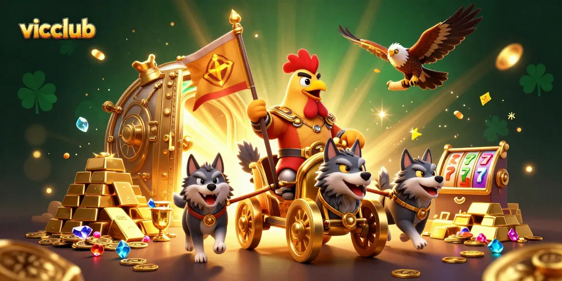 Vicclub’s vibrant 3D casino illustration showcases thrilling slot reels amid gold treasures