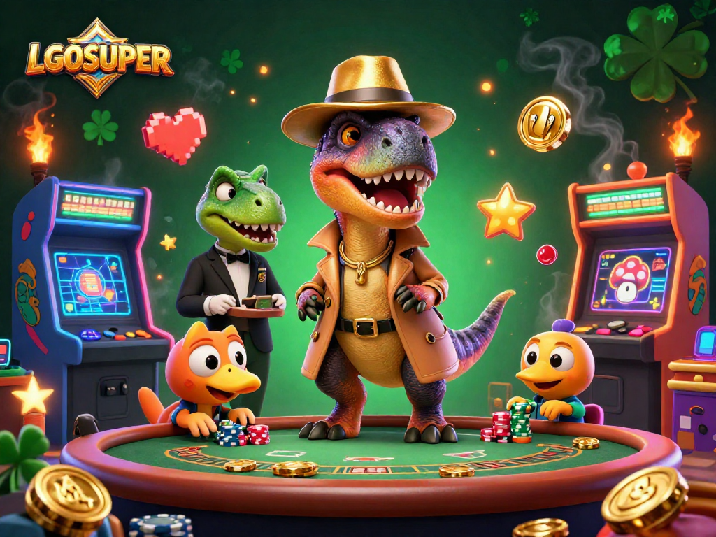 LGOSUPER velociraptor card counter engages at an animated blackjack table in a vibrant casino scene.