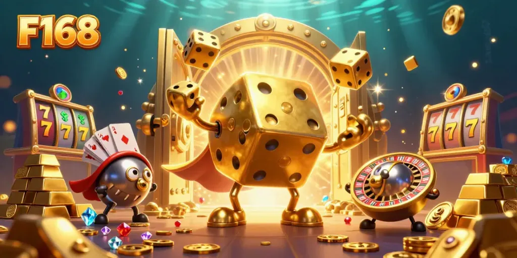 Experience thrilling gameplay with F168's casino-themed 3D illustration featuring vibrant characters and gold elements.