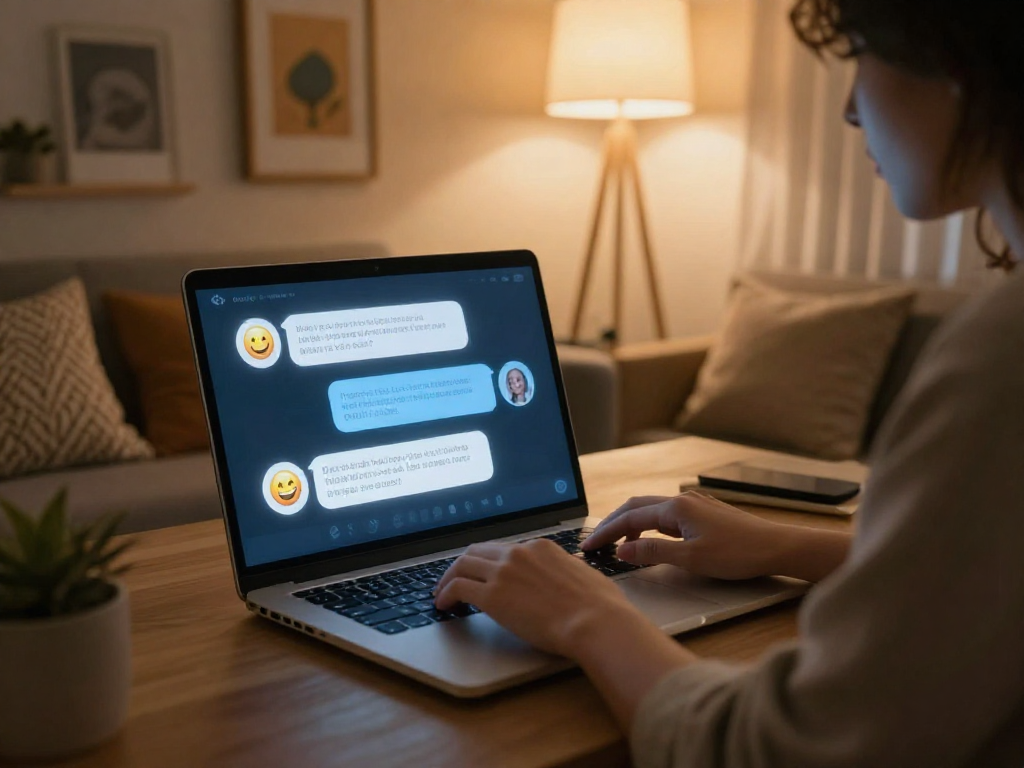 Engaging in ai porn chat through a sleek laptop in a cozy, inviting space.