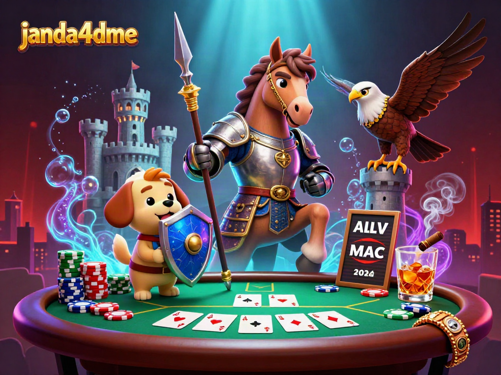 janda4dme menampilkan turnamen poker dengan karakter ksatria dan anjing pengikut yang kemerahan.