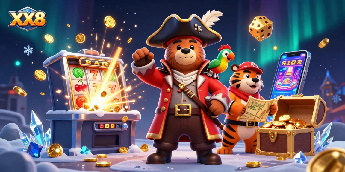 Experience the thrill of XX8 with a treasure-filled adventure featuring cartoon pirate characters in a vibrant casino scene.