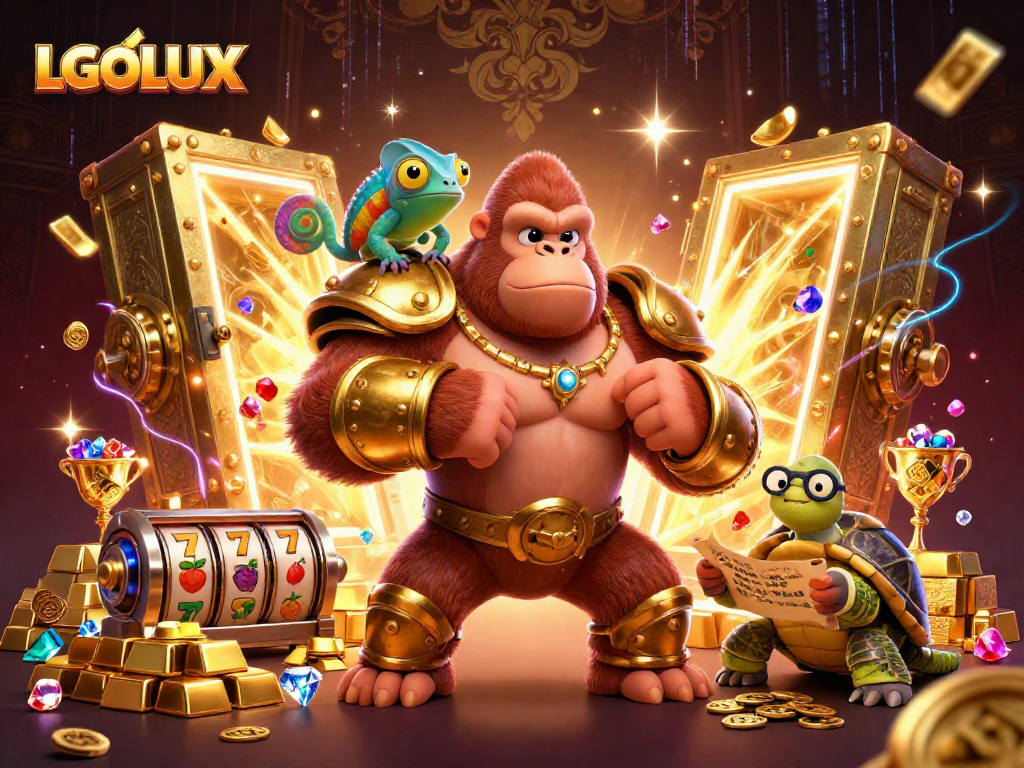 Engage with LGOLUX's thrilling gaming action featuring a dynamic gorilla king and colorful elements.