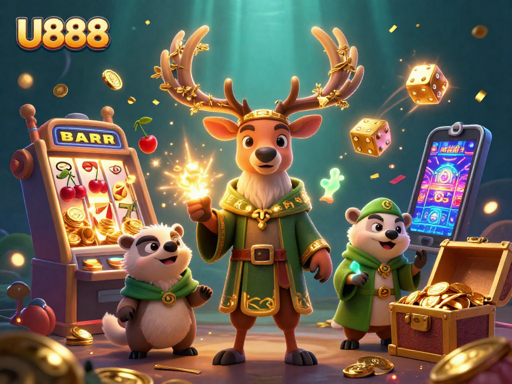 Experience the excitement of U888 with dynamic 3D characters, slot machines, and vibrant casino elements.