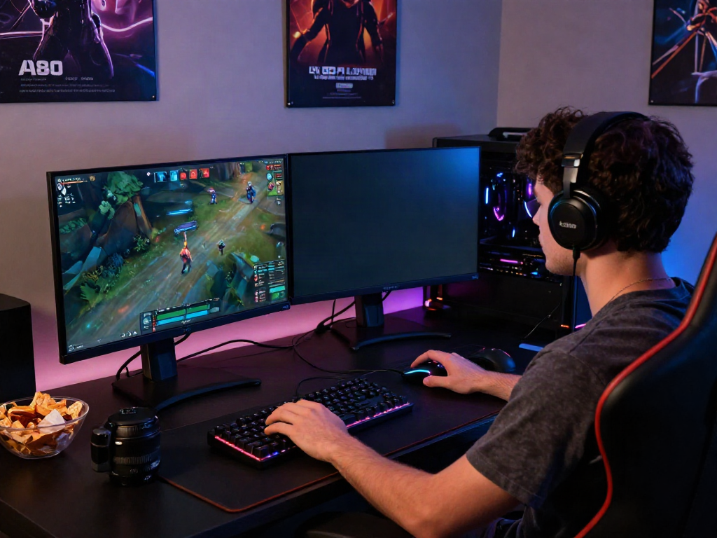 A80 online gaming platform setup with vibrant graphics, gaming chair, and snacks.