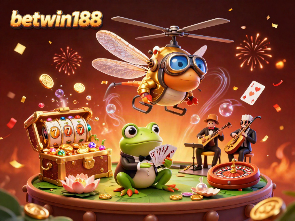 Experience vibrant gameplay at betwin188 with a dragonfly pilot and frog croupier in a lively casino scene.