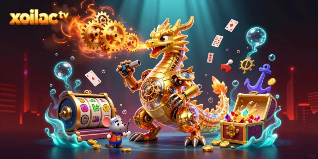 Engage with the magic of xoilac tv's golden dragon and dynamic slots adventure in a captivating 3D scene.