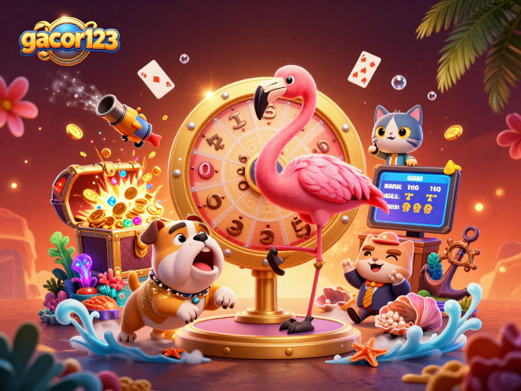 Engage in thrilling gaming excitement with gacor123, where colorful cartoon characters celebrate jackpots and prizes!