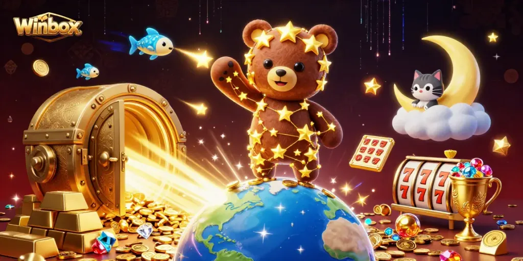 Winbox casino game scene animated with dazzling treasure and vibrant winning symbols